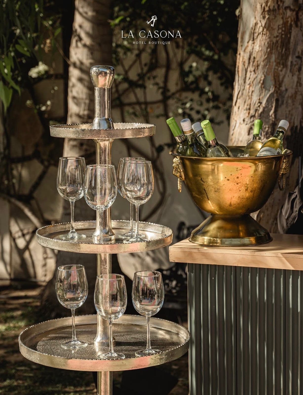Estación de bebidas con copas y vinos en el jardín de eventos